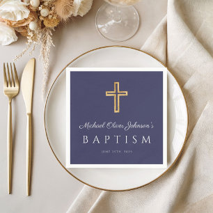 Serviette En Papier Elegant Navy Blue Religious Cross Boy Baptism