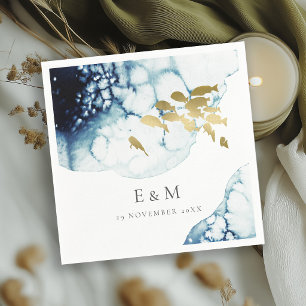 SERVIETTE EN PAPIER ÉLÉGANT NAVY OR MONOGRAMME DE POISSON DE MARIAGE S