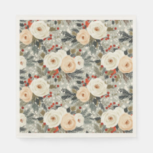 Serviette En Papier Elégant Noël Roses blanches et Berry rouge d'hiver