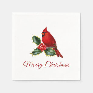 Serviette En Papier Élégant Noël Rouge Cardinal Oiseau Holly