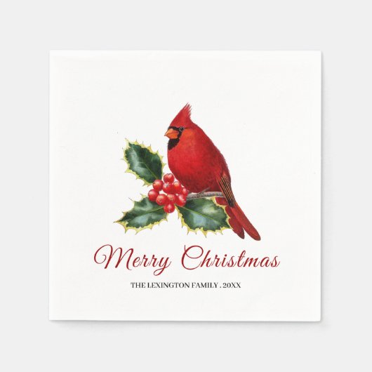 Serviette En Papier Élégant Noël Rouge Cardinal Oiseau Holly (Devant)