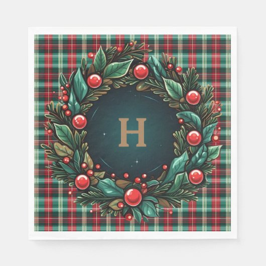 Serviette En Papier Élégant Noël rouge et vert plaid (Devant)