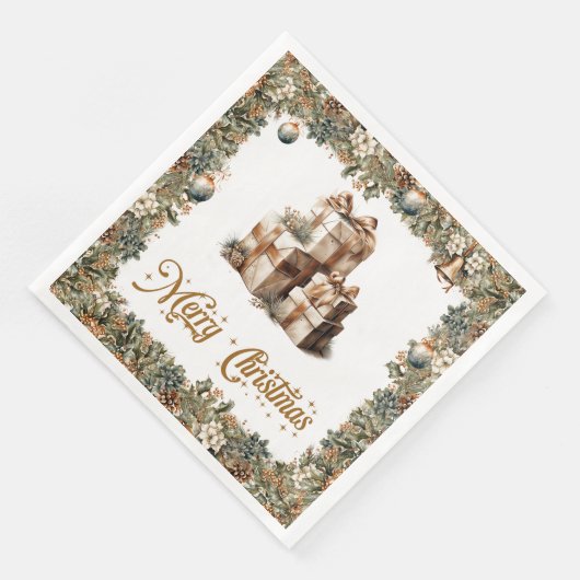 Serviette En Papier Élégant Noël rustique sainte et cadeaux d'or (Coin)