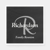 Serviette En Papier Élégant noir blanc et gris argenté monogramme (Devant)