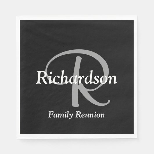 Serviette En Papier Élégant noir blanc et gris argenté monogramme (Devant)