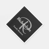 Serviette En Papier Élégant noir blanc et gris argenté monogramme (Coin)