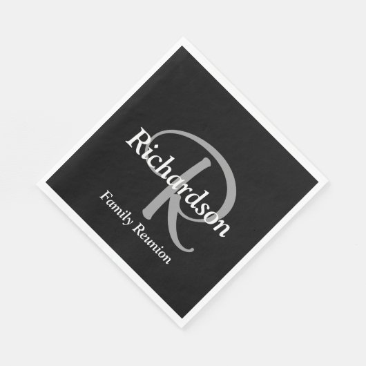 Serviette En Papier Élégant noir blanc et gris argenté monogramme (Coin)