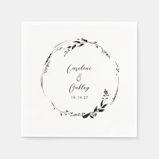 Serviette En Papier Elégant noir blanc Mariage de couronne Floral sur (Devant)