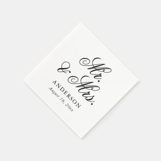 Serviette En Papier Élégant noir blanc Script Mr & Mrs Mariage (Coin)