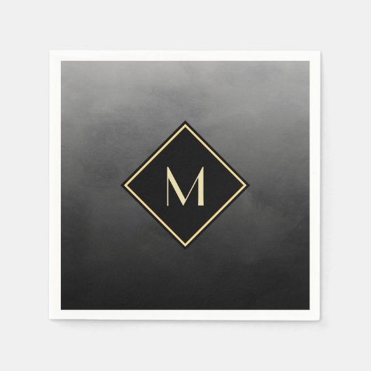 Serviette En Papier Élégant Noir Brossé Avec Monogramme Or Simple (Devant)