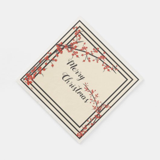 Serviette En Papier Elégant noir & crème avec baies rouges Noël (Coin)
