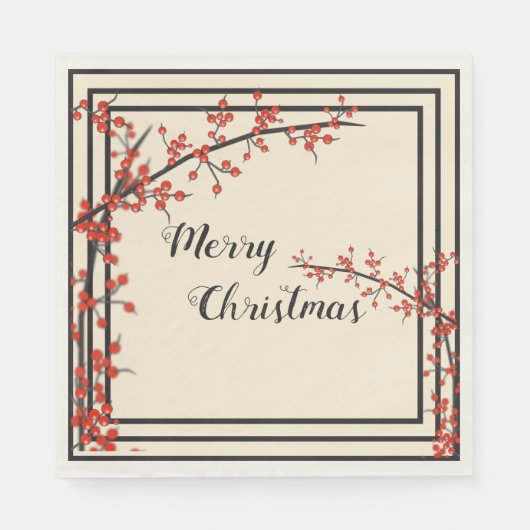 Serviette En Papier Elégant noir & crème avec baies rouges Noël (Devant)