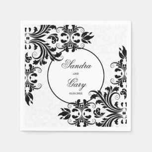 Serviette En Papier Élégant noir dentelle blanc Damas