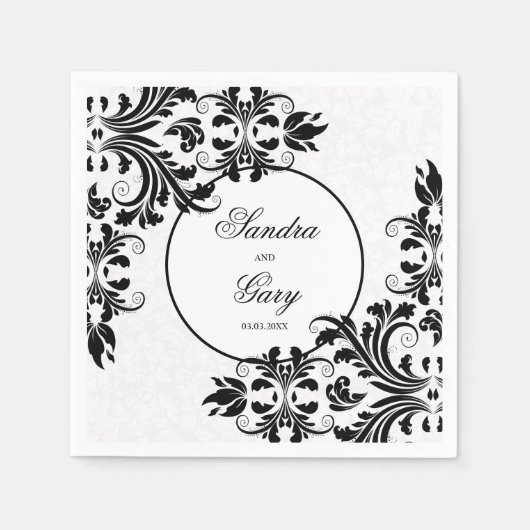 Serviette En Papier Élégant noir dentelle blanc Damas (Devant)