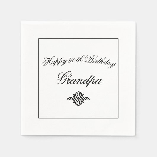Serviette En Papier Elégant noir et blanc 90e Anniversaire Papier (Devant)