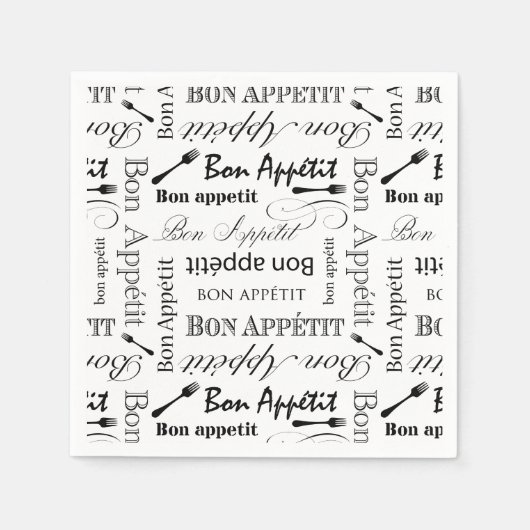 Serviette En Papier Élégant Noir et Blanc Bon Appetit Chef Français (Devant)