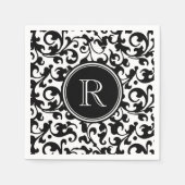 Serviette En Papier Élégant noir et blanc Damask Scroll Monogramme (Devant)