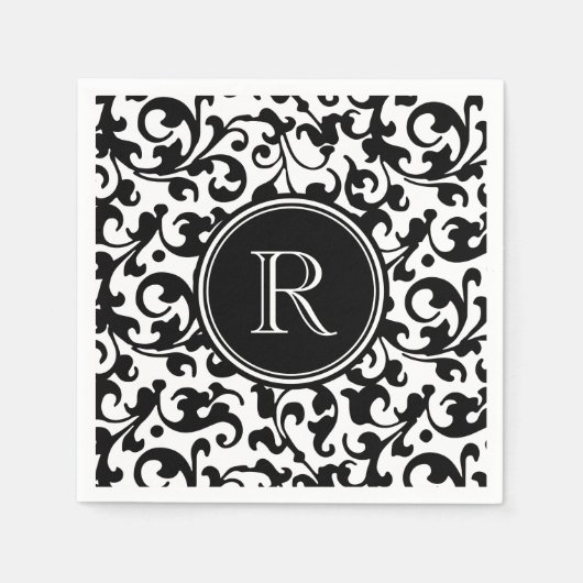 Serviette En Papier Élégant noir et blanc Damask Scroll Monogramme (Devant)