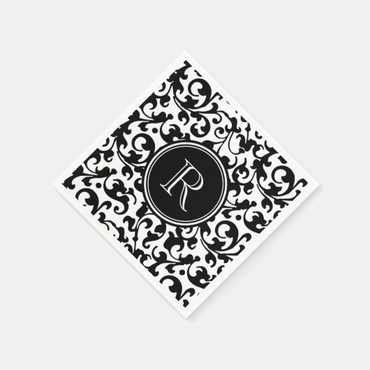 Serviette En Papier Élégant noir et blanc Damask Scroll Monogramme (Coin)