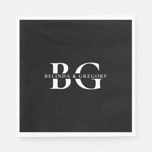 Serviette En Papier Élégant Noir et Blanc Monogramme Initiales Mariage (Devant)