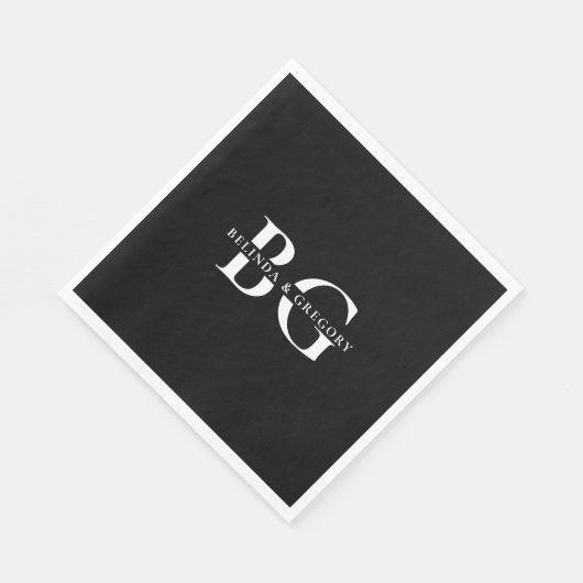 Serviette En Papier Élégant Noir et Blanc Monogramme Initiales Mariage (Coin)