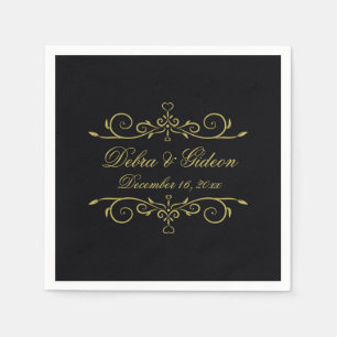Serviette En Papier Élégant Noir et Or Coeur Flourdissant Mariage