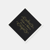 Serviette En Papier Élégant Noir et Or Coeur Flourdissant Mariage (Coin)