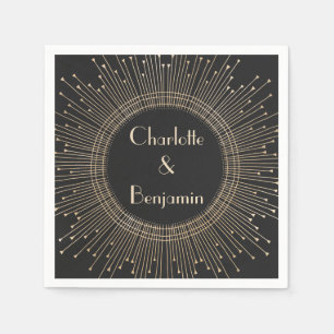 Serviette En Papier Elégant Noir et Or Vintage Art Déco Mariage