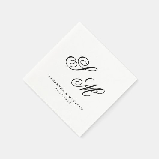 Serviette En Papier Élégant Noir Initiales Monogramme Mariage officiel (Coin)