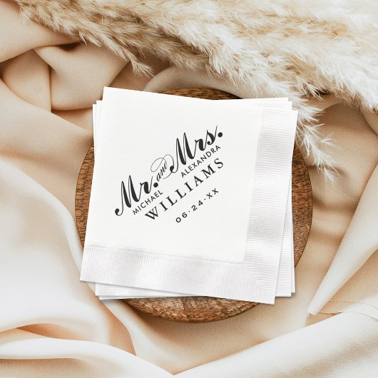 Serviette En Papier Élégant Noir M. et Mme Monogramme de mariage perso