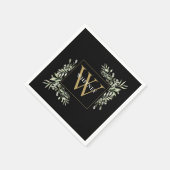 Serviette En Papier Élégant Noir Monogramme Vert Floral (Coin)