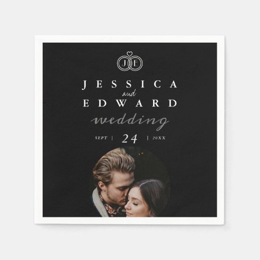 Serviette En Papier Élégant noir noir blanc Monogramme Mariage photo (Devant)