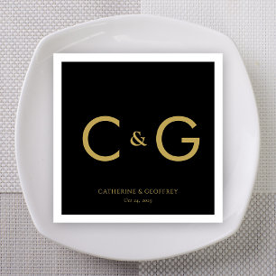 Serviette En Papier Élégant Noir & Or Initiales Monogramme Mariage