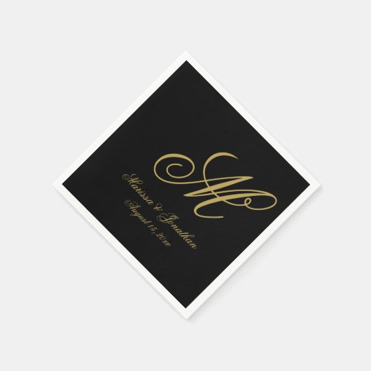 Serviette En Papier Élégant Noir Or Monogramme simple Mariage (Coin)