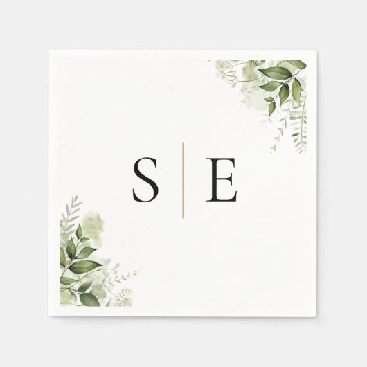 Serviette En Papier Élégant Noir Or Monogramme Verdure (Devant)