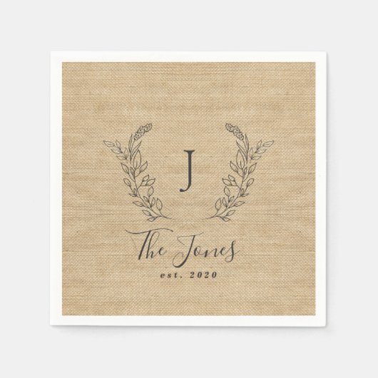 Serviette En Papier Elégant nom de famille rustique monogrammed (Devant)