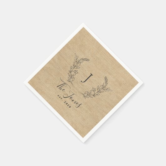 Serviette En Papier Elégant nom de famille rustique monogrammed (Coin)