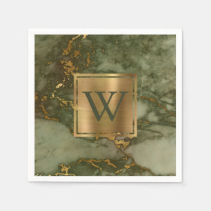 Serviette En Papier Élégant Olive Green Marble Monogramme Or