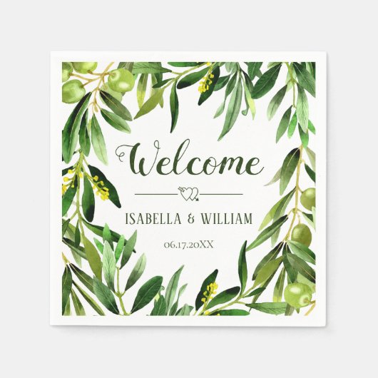 Serviette En Papier Elégant Olive Leaf Boho Garden Mariage Bienvenue (Devant)