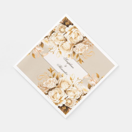 Serviette En Papier Elégant or et ivoire Mariage Floral Merci (Coin)