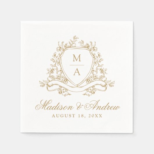 Serviette En Papier Élégant or Floral Crest Monogram Mariage (Devant)