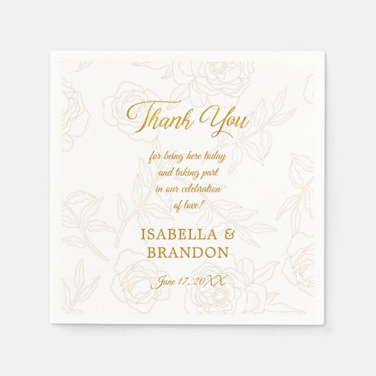 Serviette En Papier Élégant or Mariage Merci Floral (Devant)