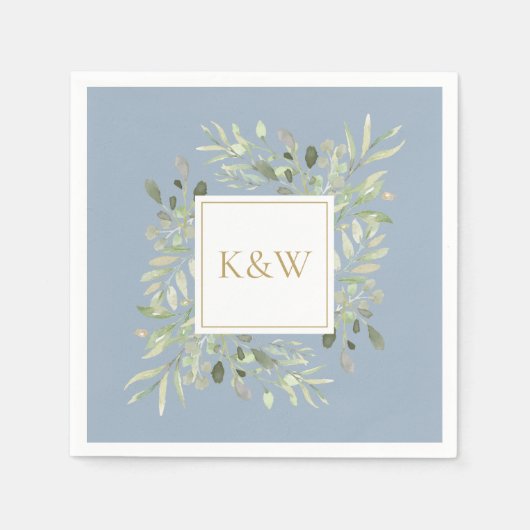 Serviette En Papier Élégant or Monogramme vert Dusty bleu (Devant)