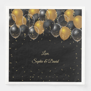 Serviette En Papier Élégant or noir Balloons Confetti Mariage