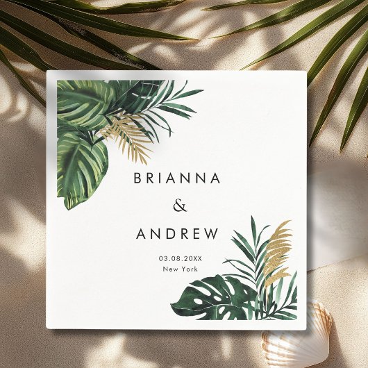 Serviette En Papier Elégant, Palmier Vert, Or (Imitation)