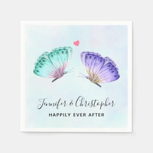 Serviette En Papier Élégant Papillons Aquarelle Vert & Violet (Devant)