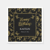 Serviette En Papier Élégant Papillons Noir Or Joyeux Anniversaire (Devant)