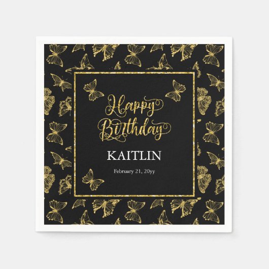 Serviette En Papier Élégant Papillons Noir Or Joyeux Anniversaire (Devant)