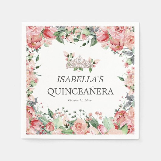 Serviette En Papier Élégant Parti Floral Rose Quinceañera (Devant)