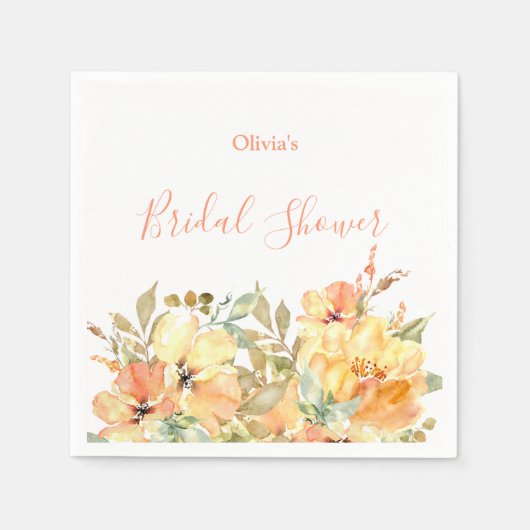 Serviette En Papier Élégant Peach Aquarelle Fleurs Mariage  (Devant)